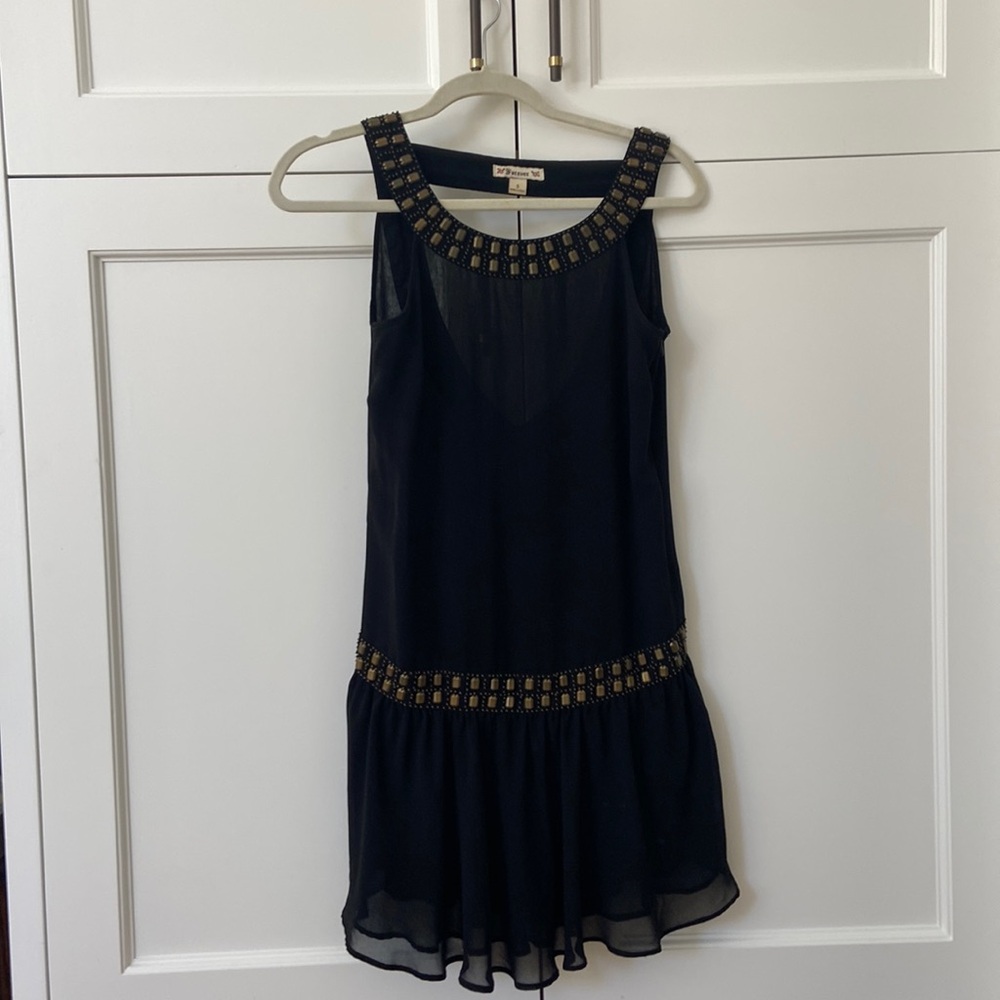 Flapper-style drop waist mini dress. Black embellished. Size Small.